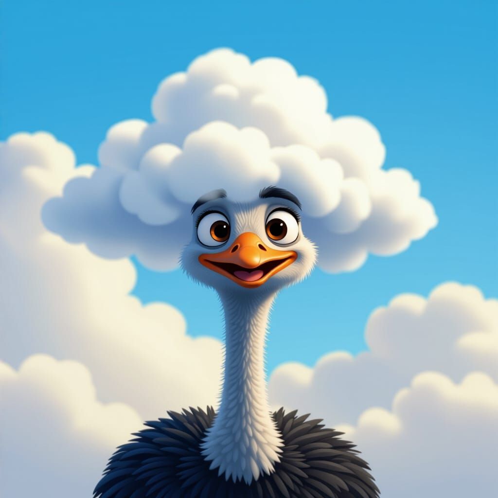 Ostrich Pokes Head Through Cloud in Pixar Style