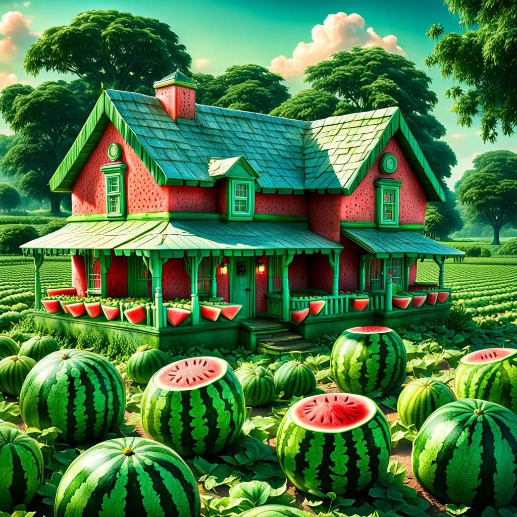 Hyperrealistic Watermelon Shortcake Cottage in Watermelon Fi...