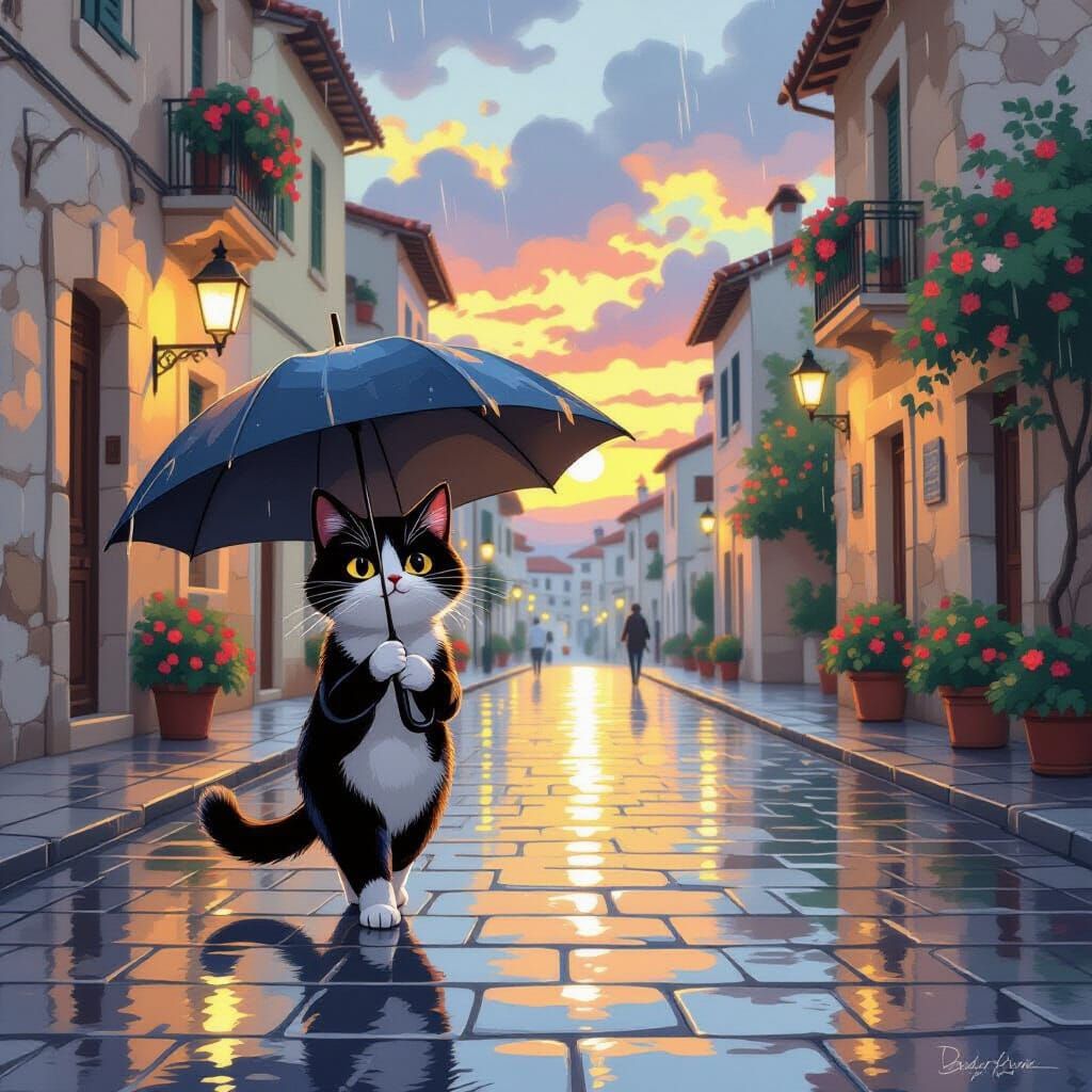 Black Cat With Umbrella in Rainy Cagliari Sunrise