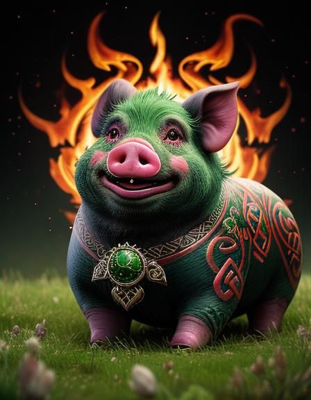 Stunning laughing Celtic lovely pig entirely covered with tr...