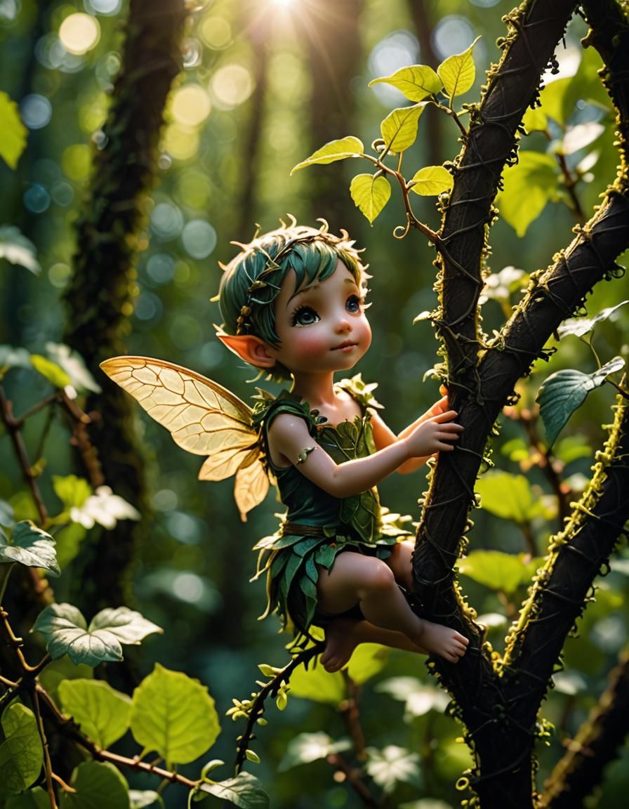 Tiny Pixie in Magical Forest Sunlight