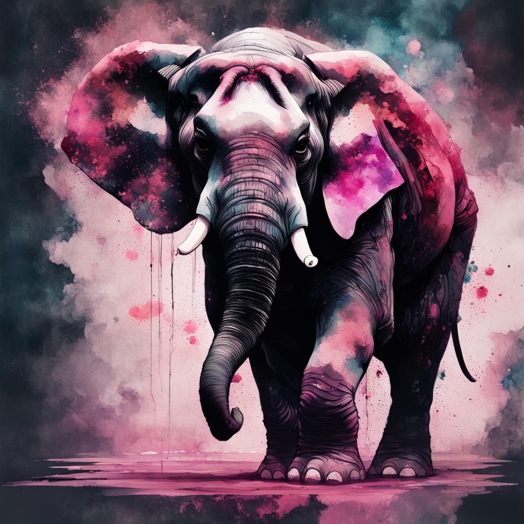 An elephant sumo wrestler, big strong body, intimidating, powerful, destroyed arena, Full body watercolor dark silhouett...