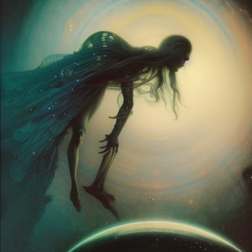 Galaxy Humanoid Whispering Secrets, Dark Fantasy Art
