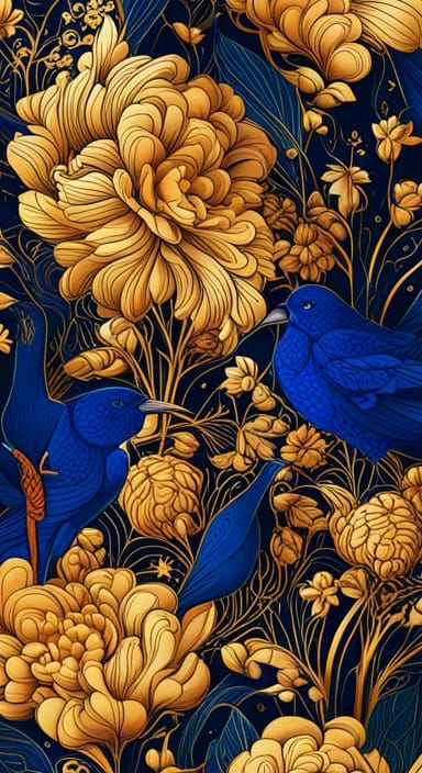 Art Deco Floral Pattern with Birds in Blue and Gold