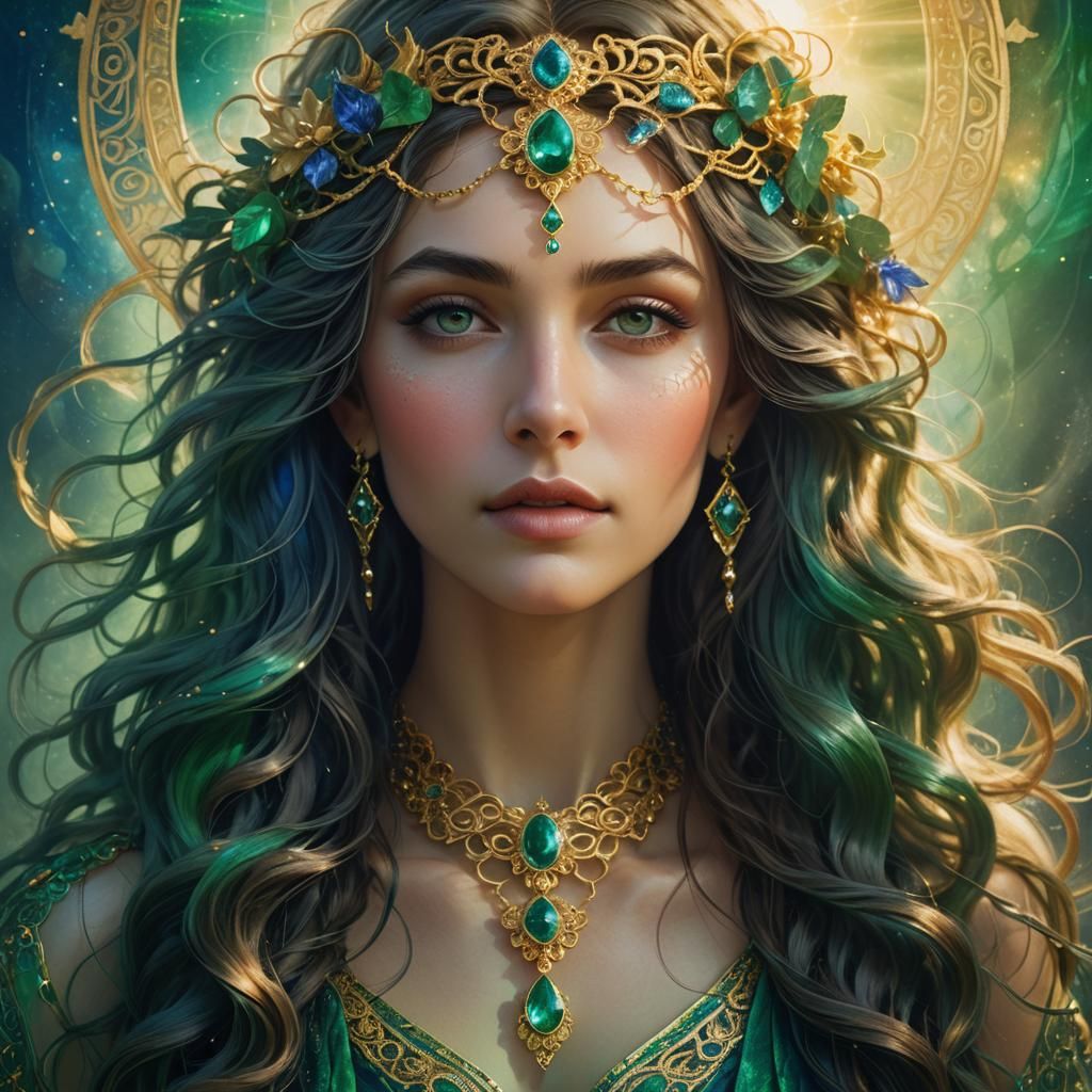 Ethereal Goddess Portrait in Emerald and Sapphire