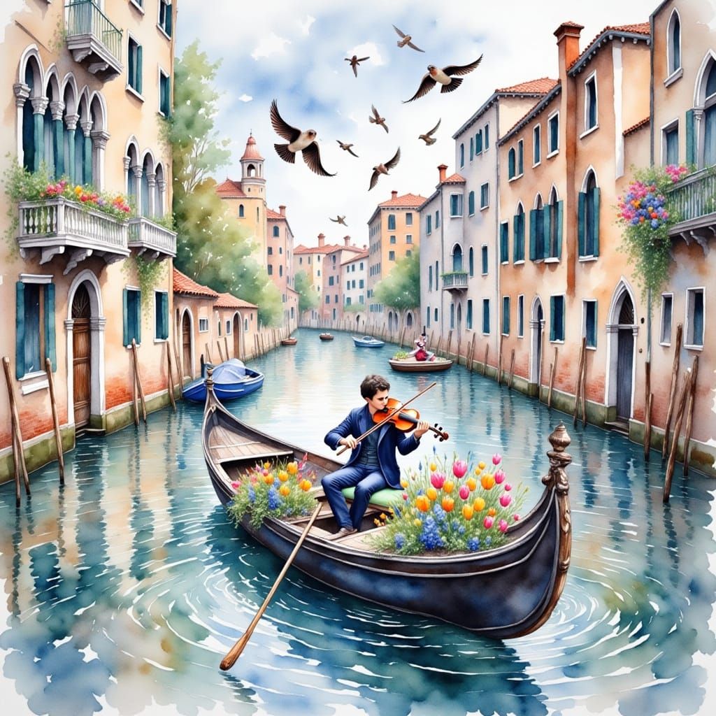 Violinist in Venice Canals: Antique Watercolor Painting