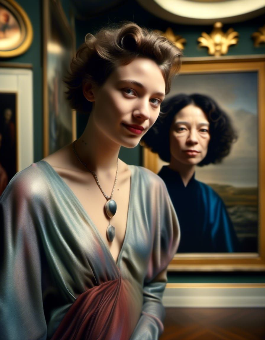 Happy Couple in Art Museum: Hyperrealistic Photograph