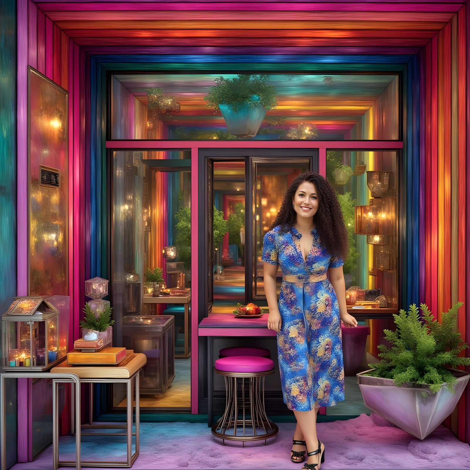 Colorful Woman at Fibonacci Cafe: Photorealistic Tesseract