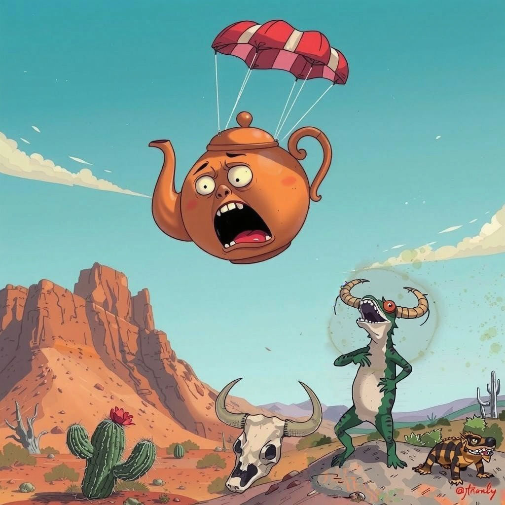 Terrified Teapot Parachuting Towards Cactus in Desert