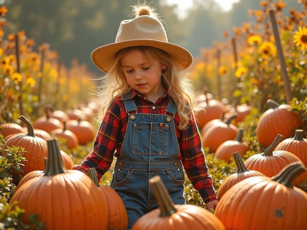 Girl Selects Pumpkin in Patch, Illustrative Style