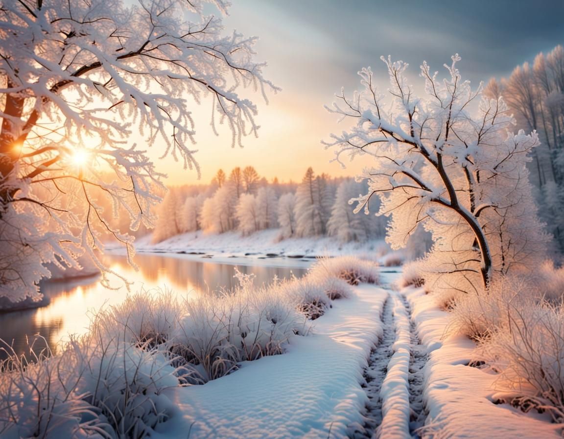 Frosted Branch over Winter Sunrise Landscape in 8K