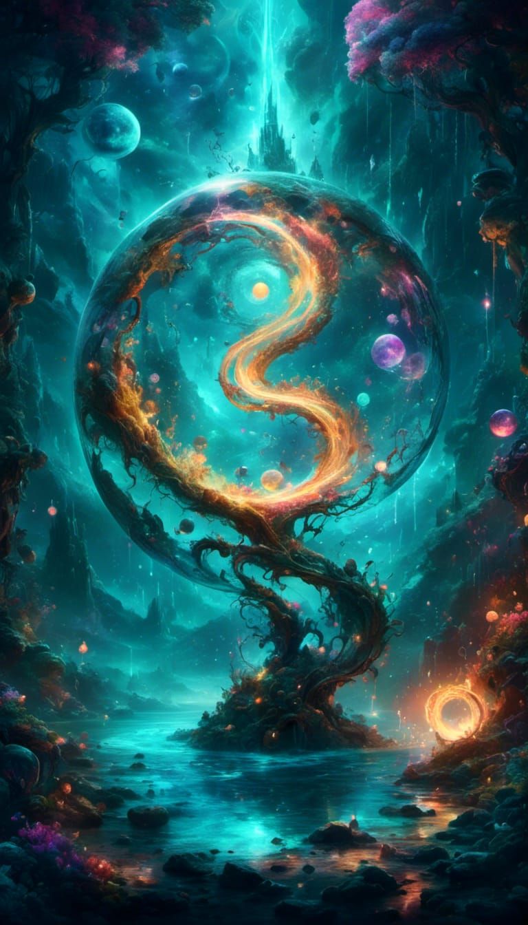 Dreamy Darkness Cosmic Landscape with Whirling Elemental Vor...