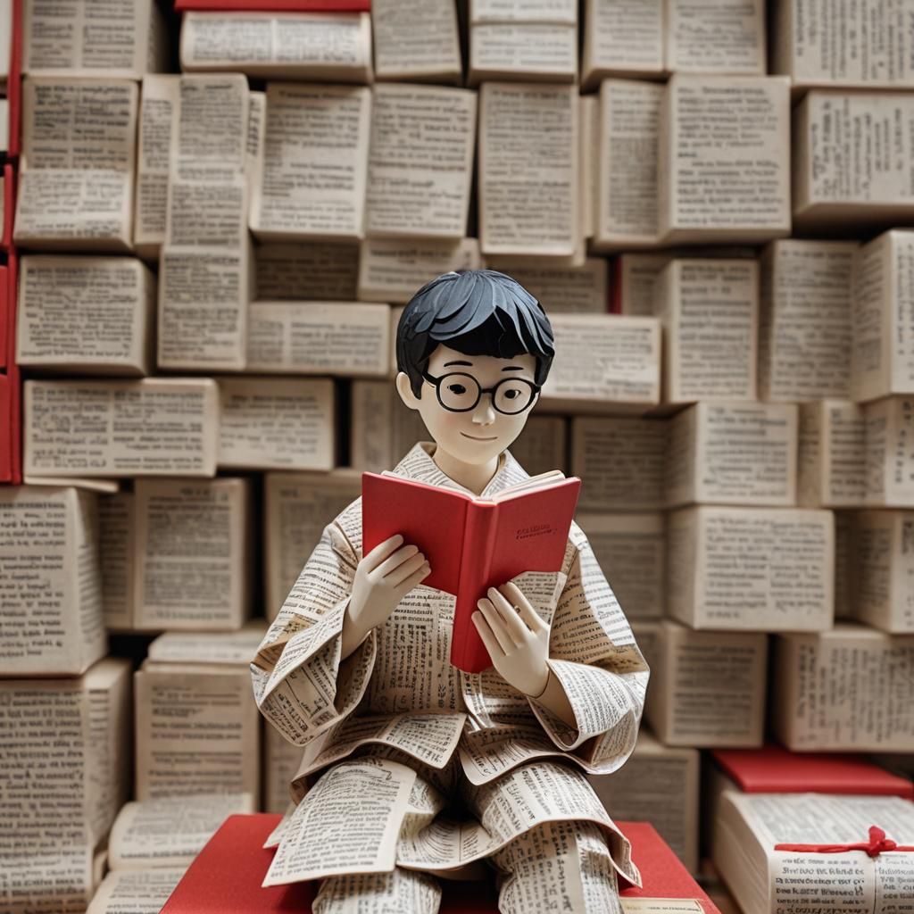 Paper Figurine Reading on Bookshelf Edge