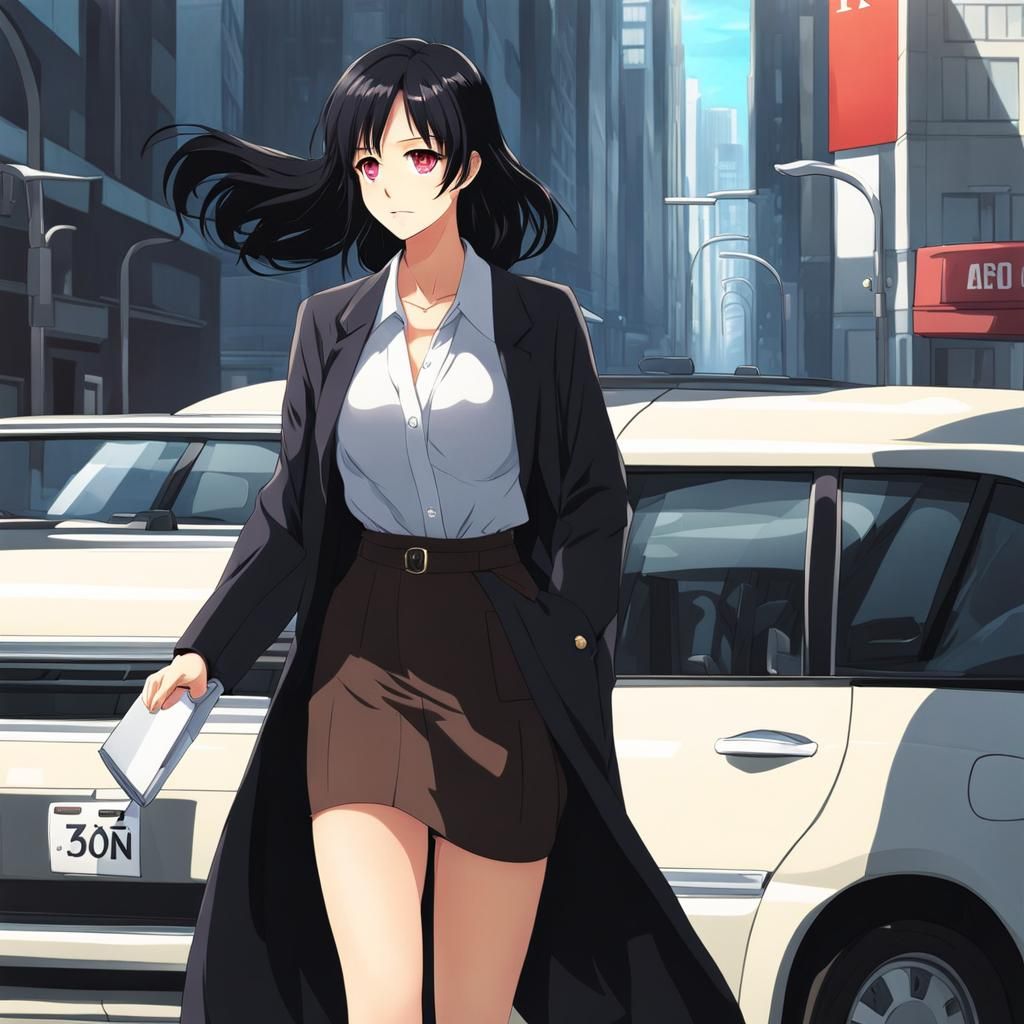 Anime Style: Black-Haired Woman Going to Work