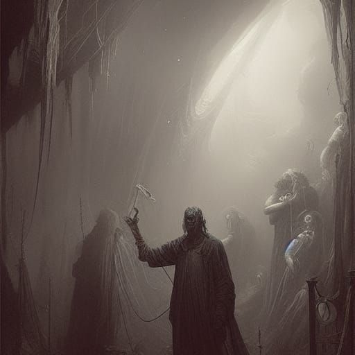 Eerie Horror Scene in Engraving and Painting Style