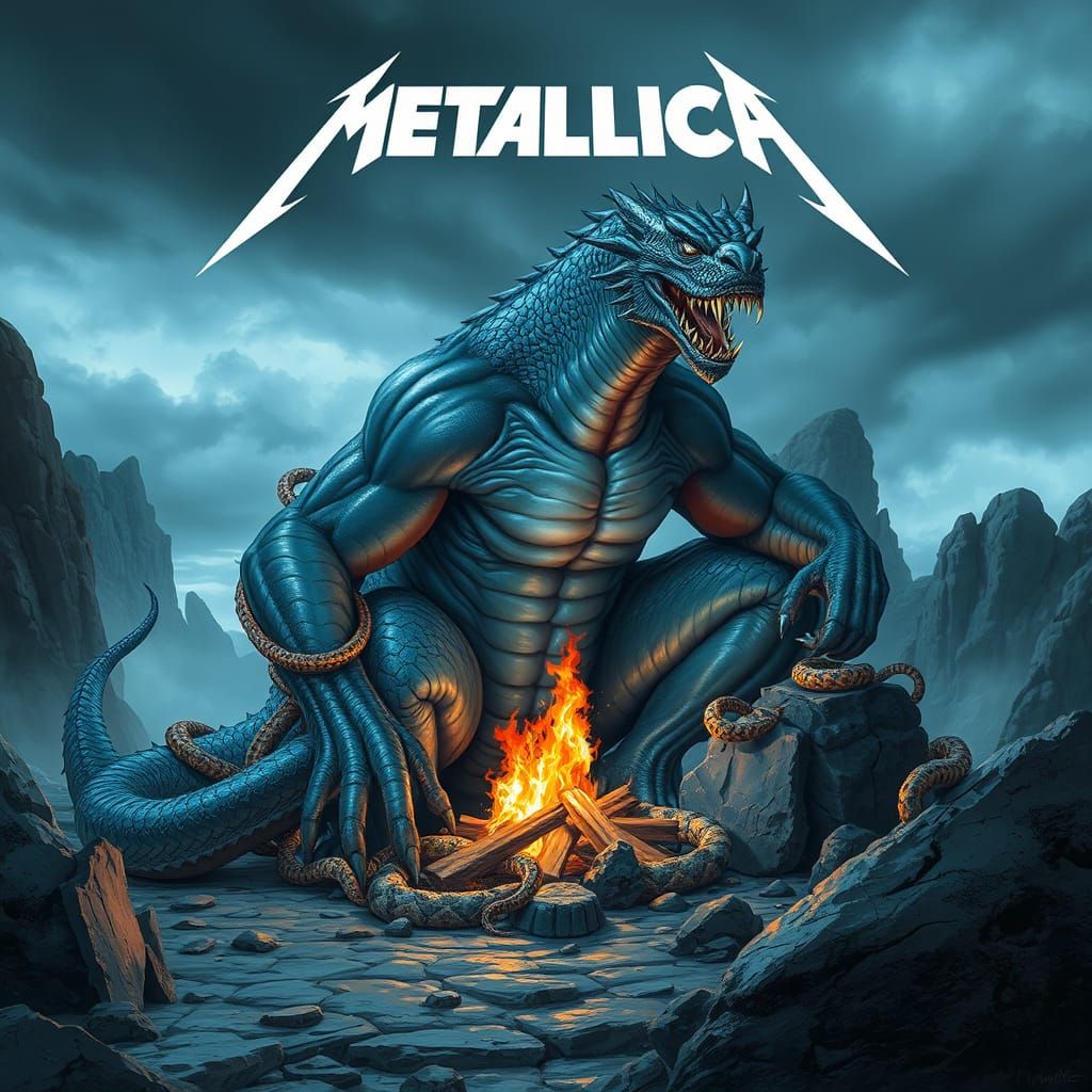 Dragon of Steel Reigns Over Fiery Campsite in a Cyberpunk La...