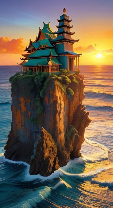 Uluwatu Temple Sunset: Vibrant Oil Painting
