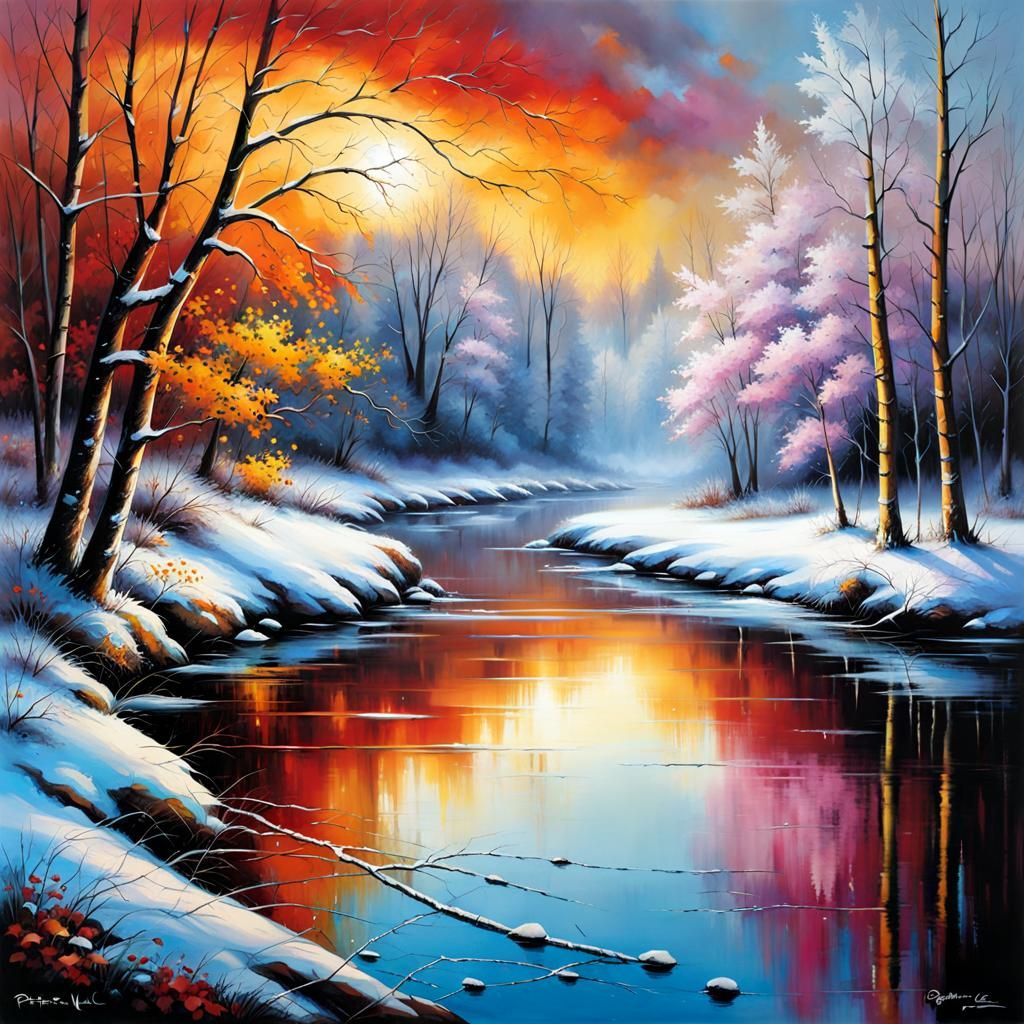 Colorful Winter Riverscape Digital Painting