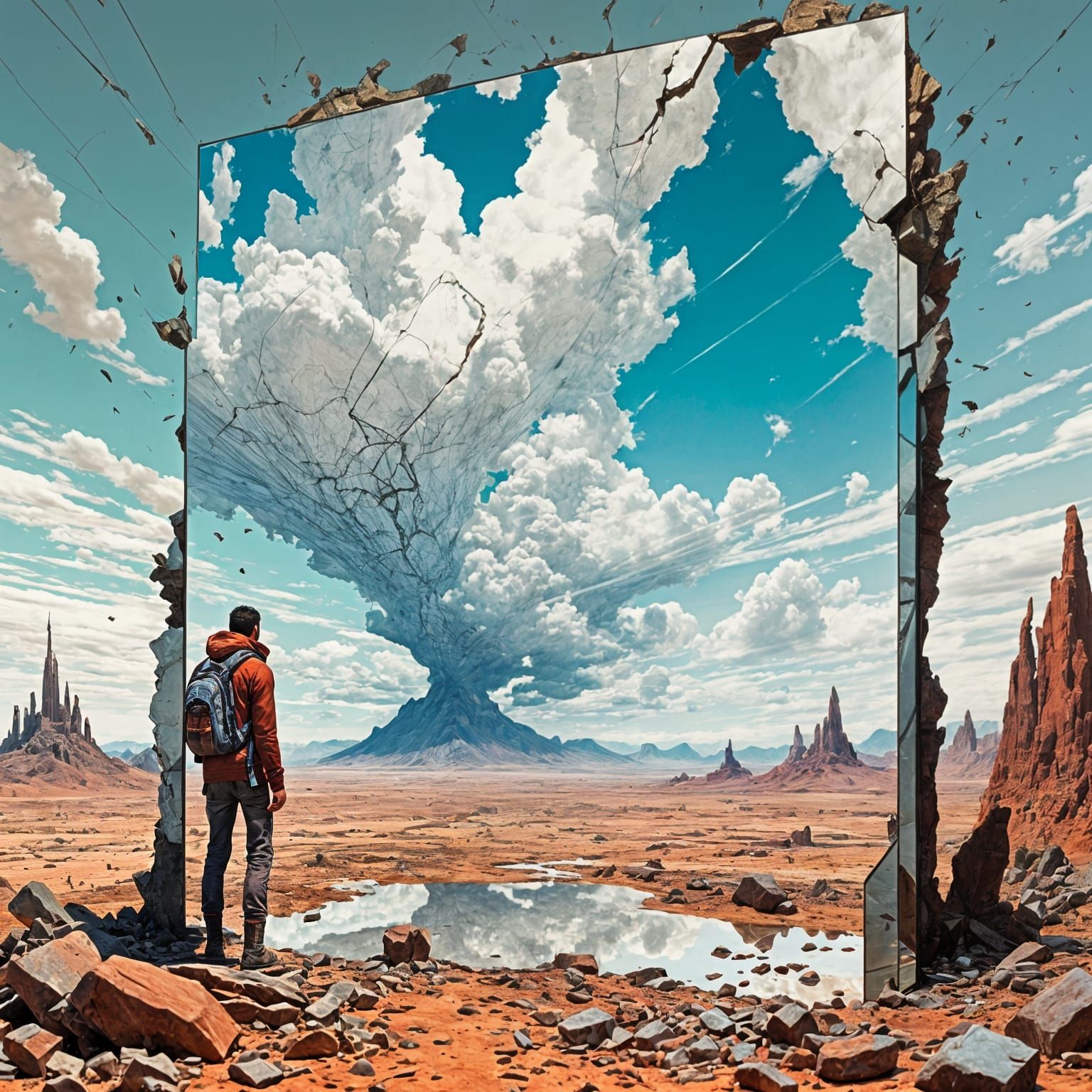 Cracked Mirror Reflecting Cloudy Sky