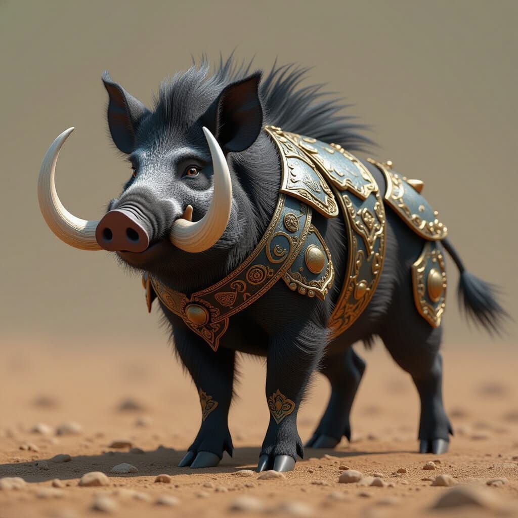 Black Wild Boar in Earthy Armor, Anime Style