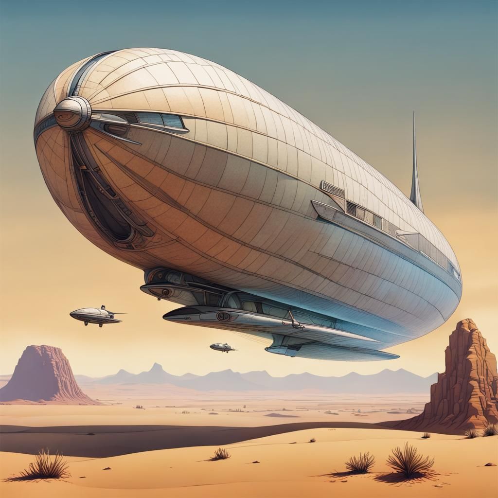 Futuristic Zeppelin Over Desert in Moebius Style