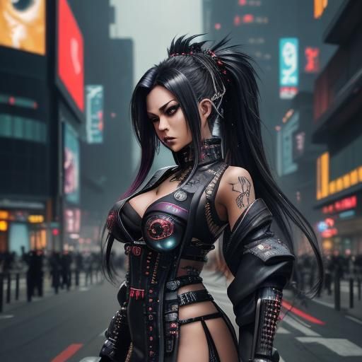 Futuristic Gyaru Samurai on Hibiya Street in Cyberpunk Style
