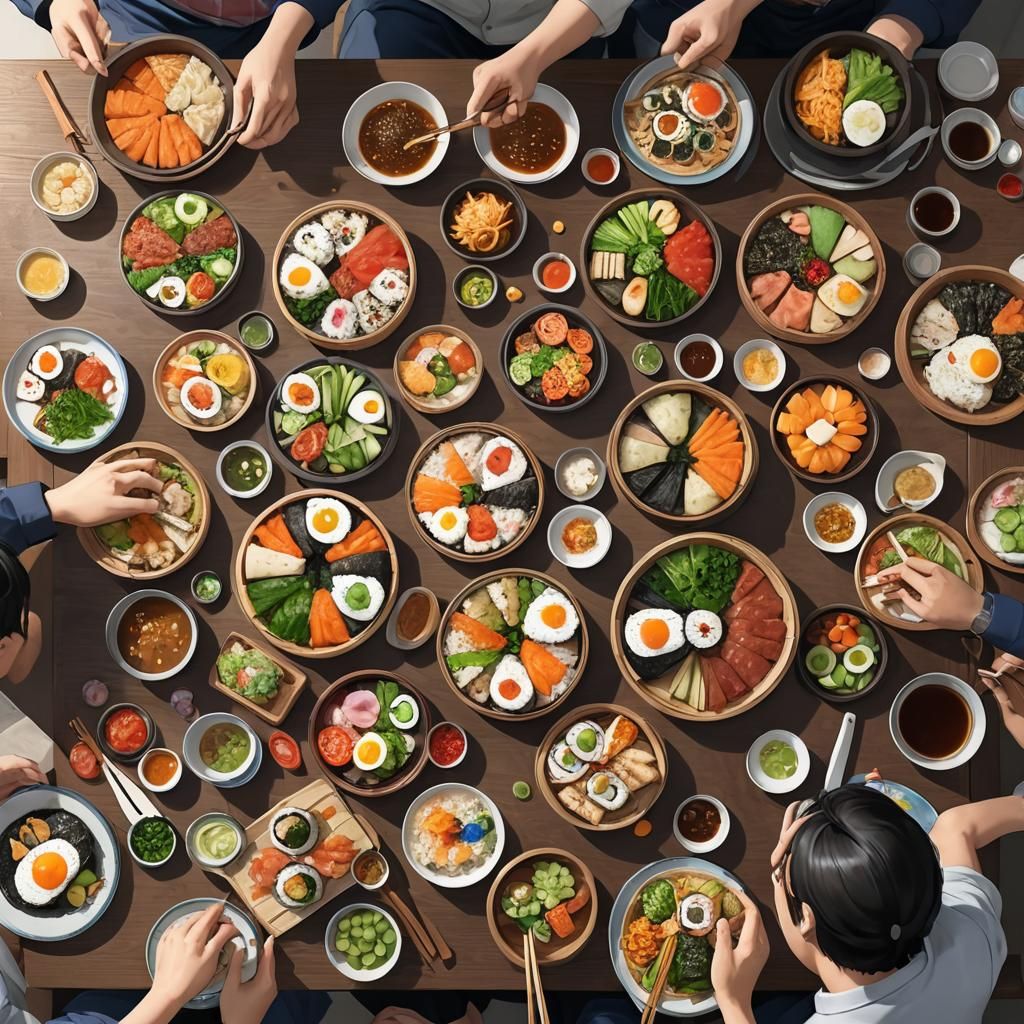 Korean Family Eating Gimbap in 3D Anime Style