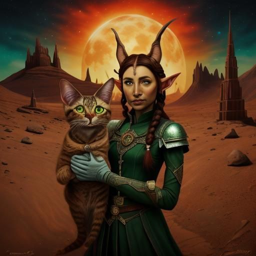 Elf Cat Portrait on Mars in Fantasy Style