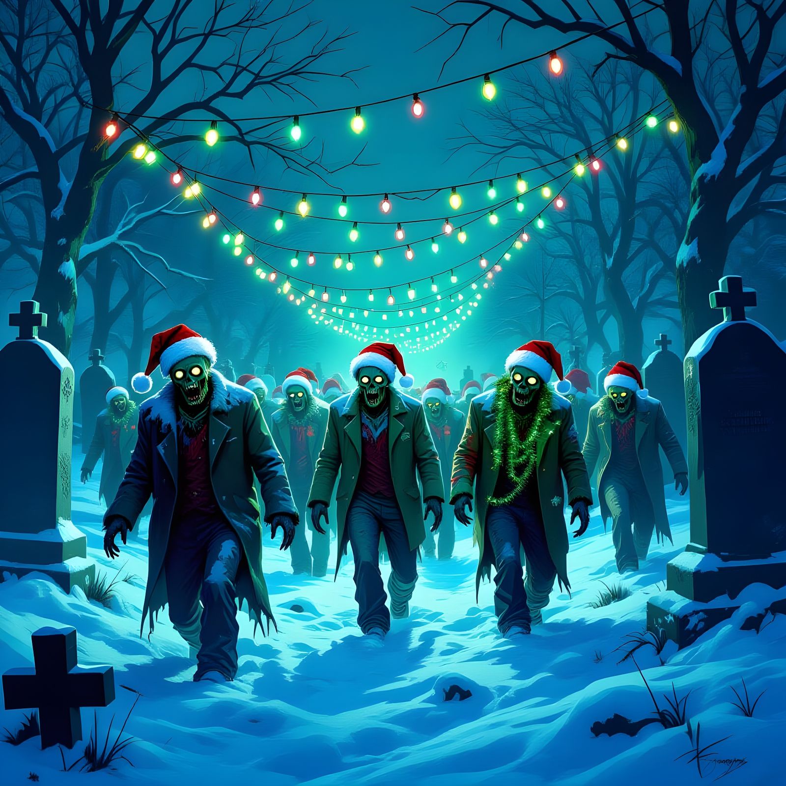 Festive Zombies in Snowy Cemetery, Dark Fantasy Style