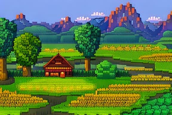 a farm landscape in the style of Stardew Valley