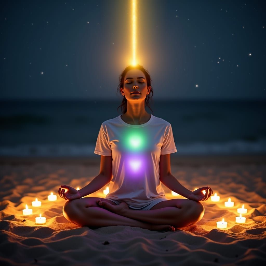 Meditative Woman on Beach with Candles at Night