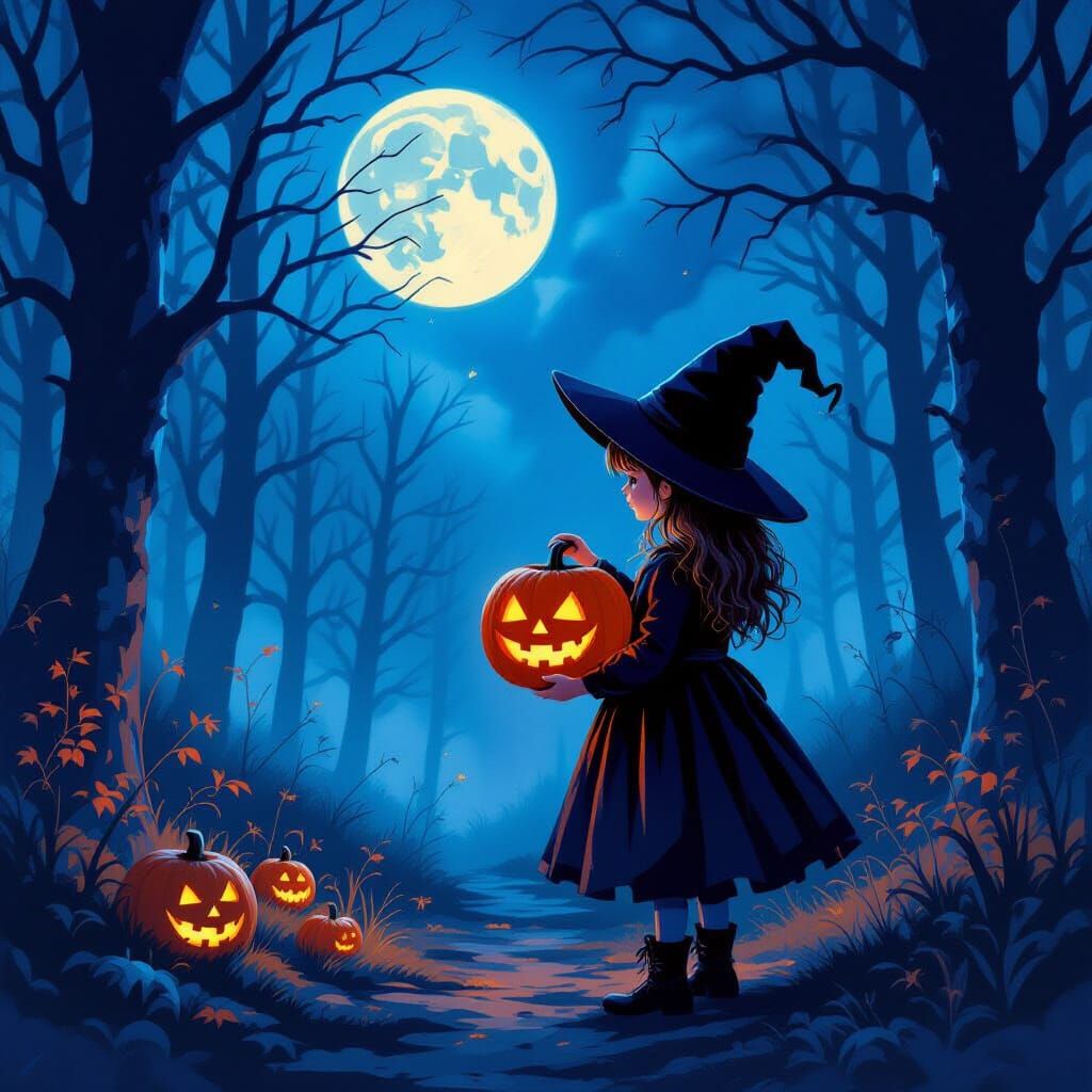 Whimsical Witch Girl with Jack-o'-lantern in Eerie Forest