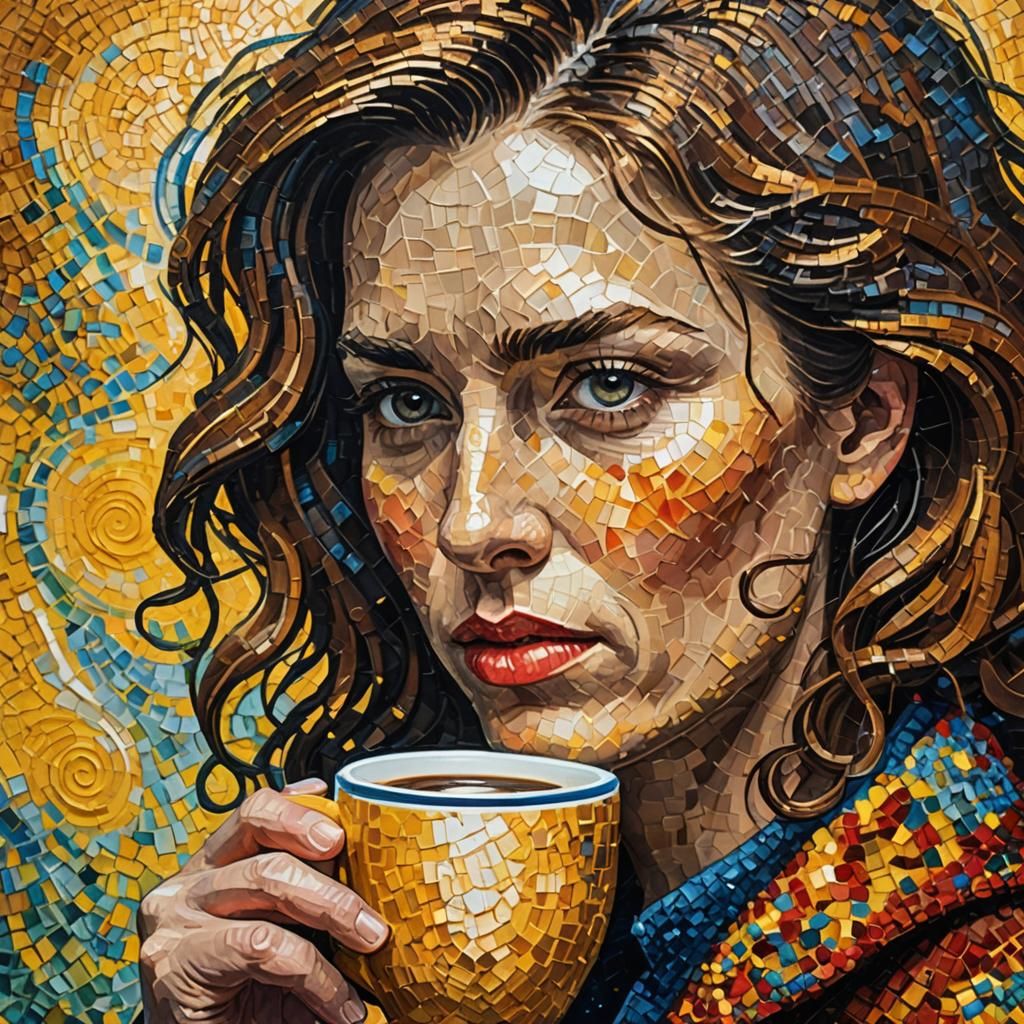 Pointillist Self-Portrait with Coffee, Van Gogh Style