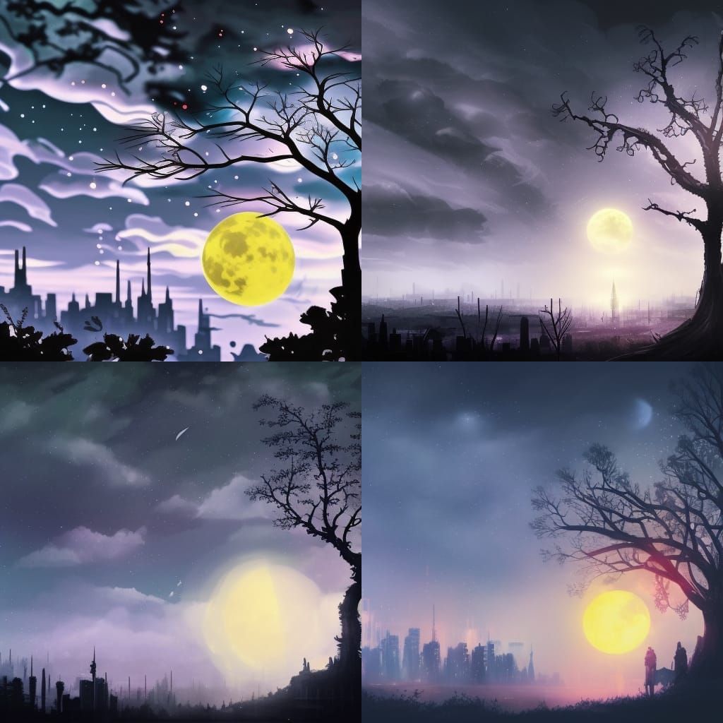 Cyberpunk Night Sky with Tree Silhouette