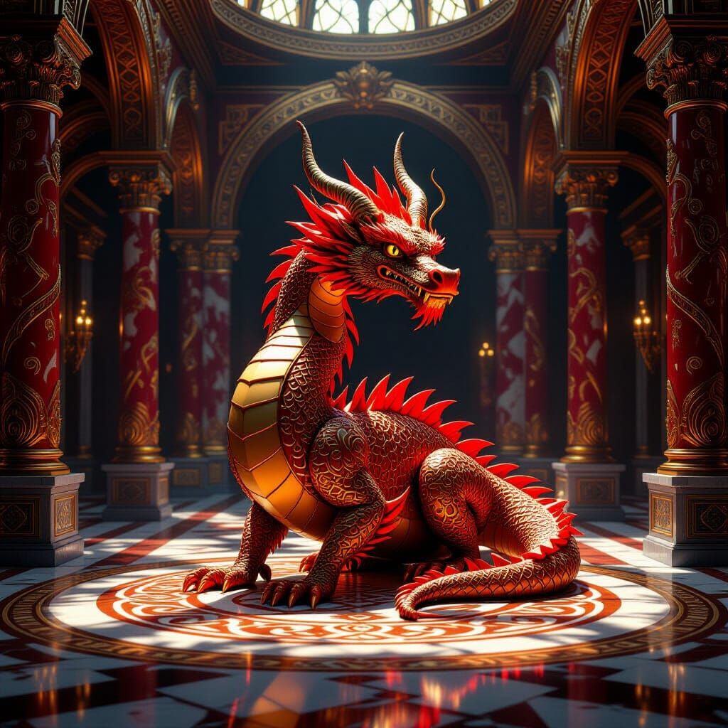 Majestic Red Gold Dragon in Marble Hall