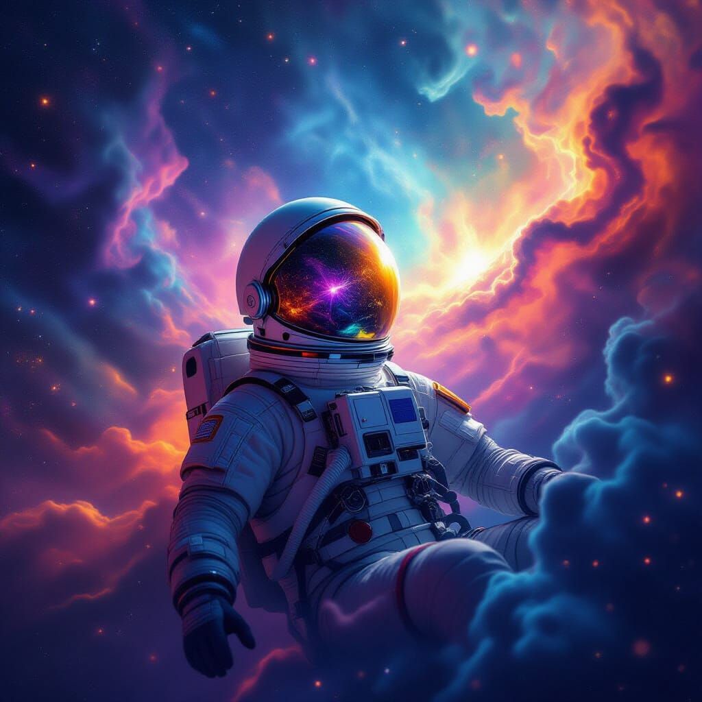 Astronaut Adrift in Cosmic Nebula, Helmet Reflects Stardust
