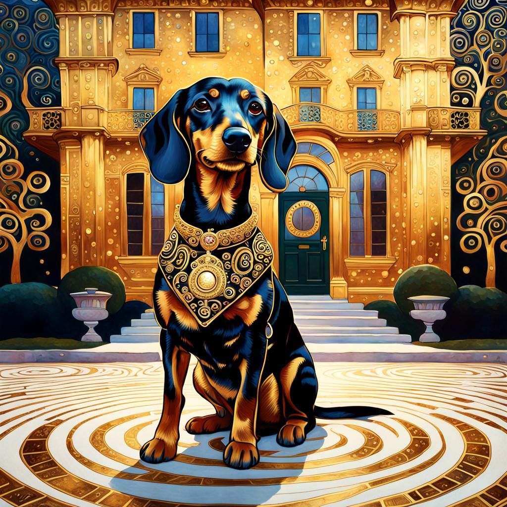 Elegant Daschund in Ornate House, Art Nouveau Style
