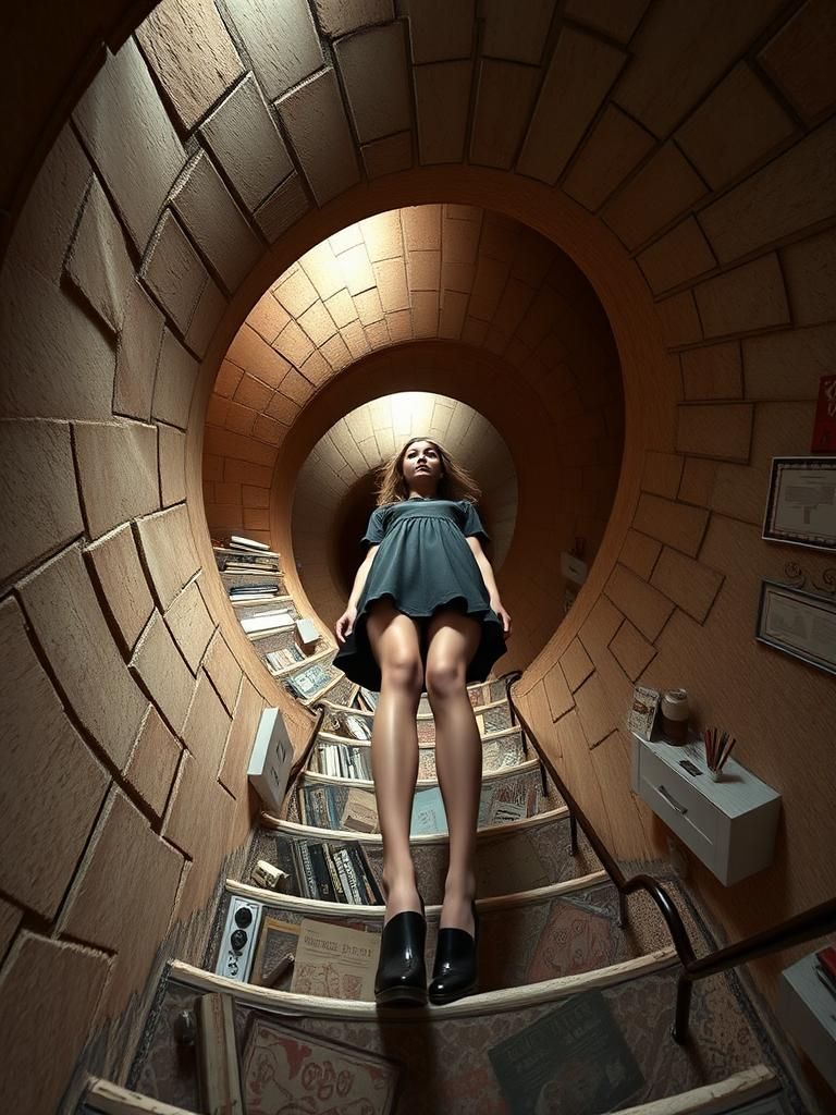 Surreal, illusionary depth, tilted angles, distortion of rea...