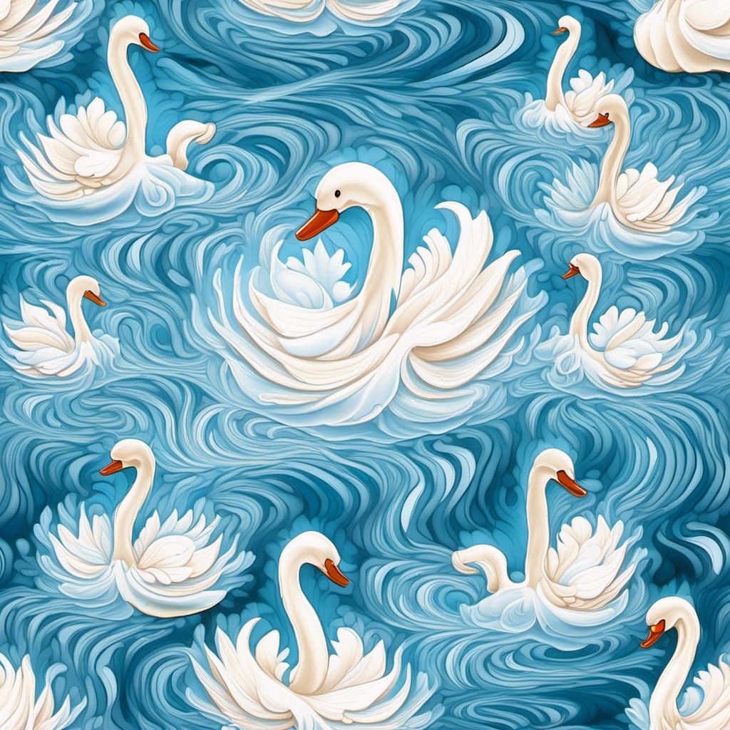 White Swan in Blue Pond with Abstract Fractals