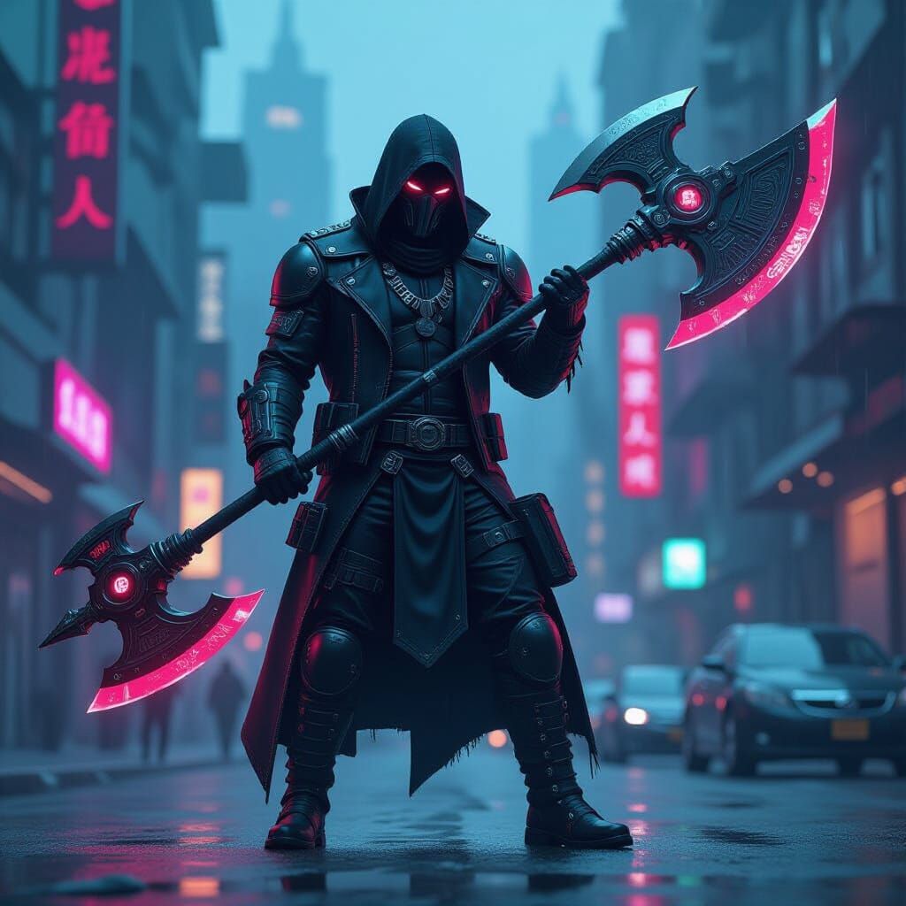 Cyberpunk Warrior with WoW Axe in Neon City
