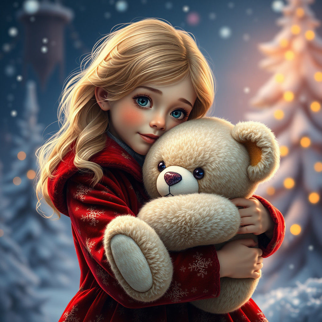 Girl with Christmas Teddy Bear in Winter Wonderland