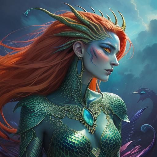 Surreal Dragon Woman Portrait in Abstract Expressionism