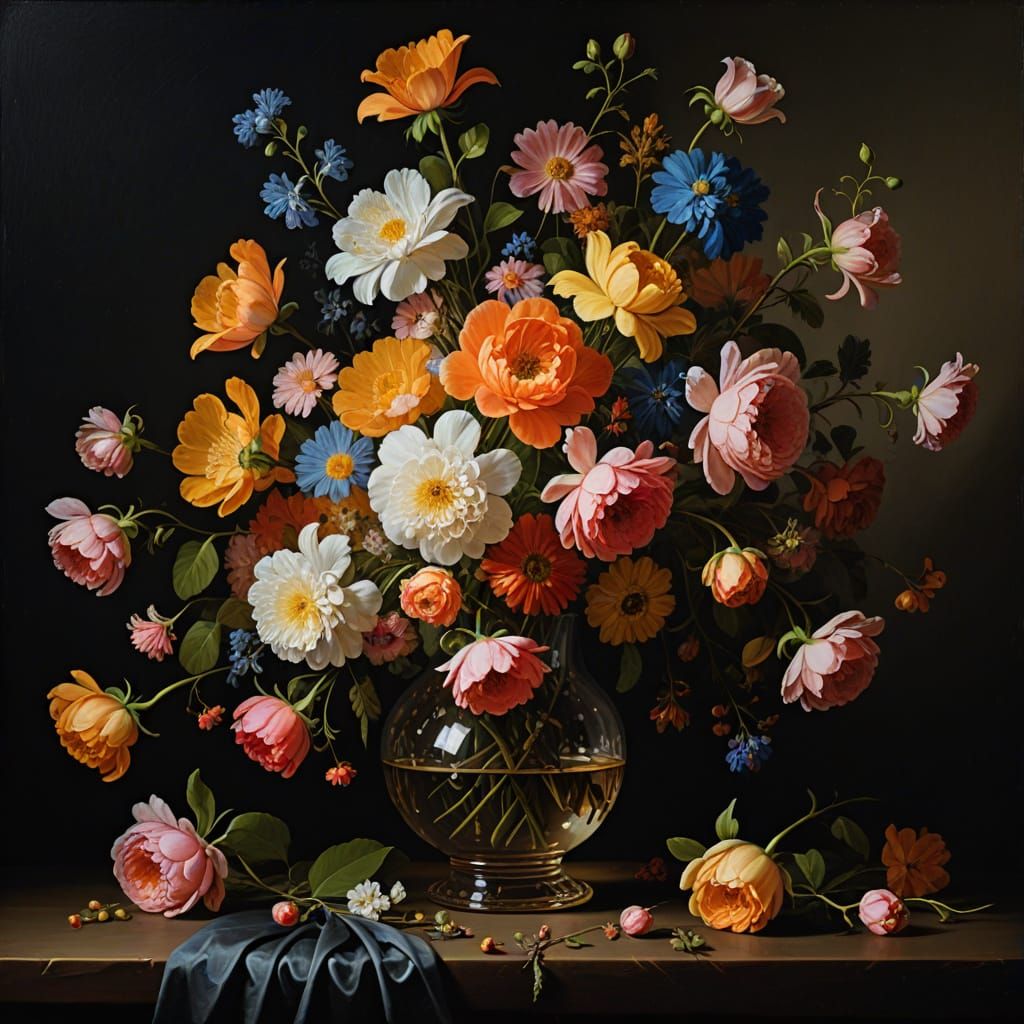 Baroque Floral Still Life Oil Painting in Chiaroscuro