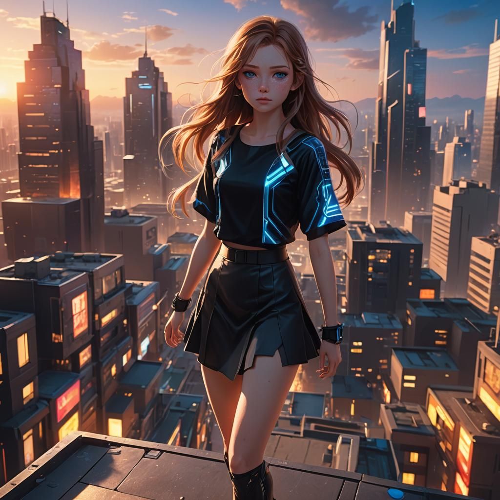 Anime Girl in Futuristic Cityscape at Sunset