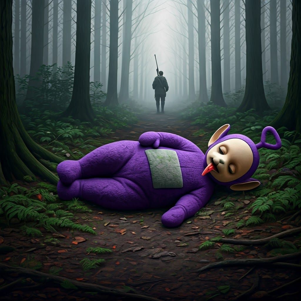 Lifeless Teletubby on a Haunting Forest Floor