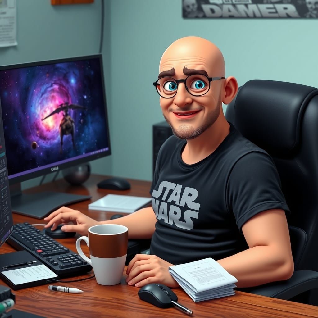 Cartoonish Senior Man Works at Desk with Star Wars T-Shirt