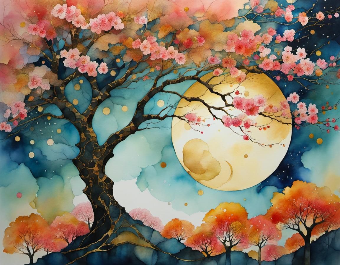 Sakura Trees under a Whimsical Moonlit Sky