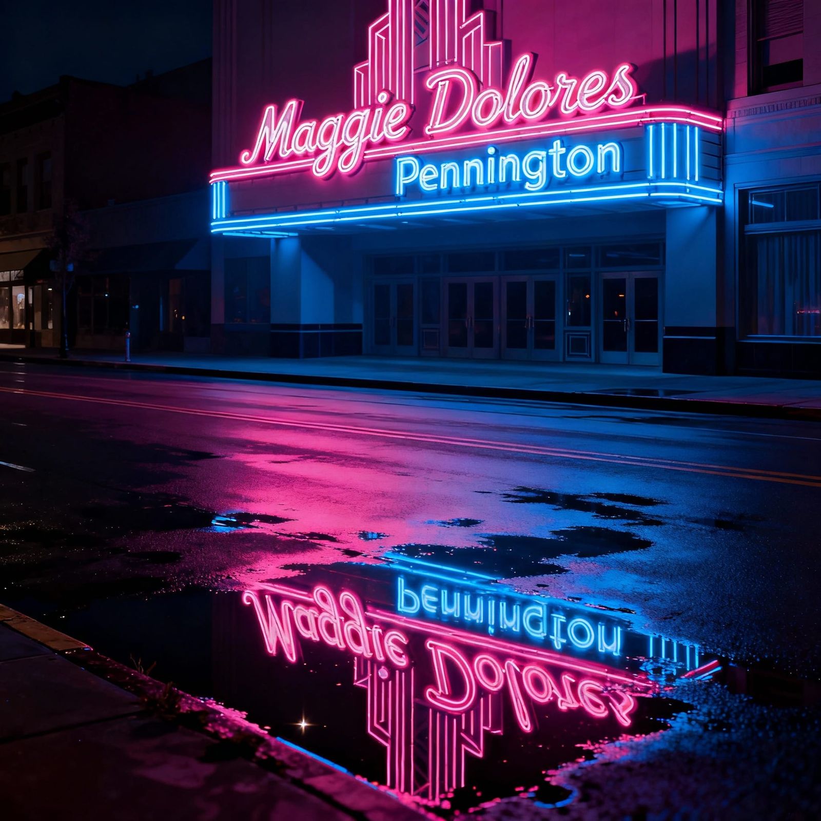 Neon Sign Reads Maggie Dolores Pennington in Pink and Blue