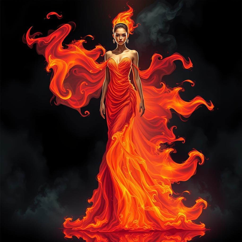 Flaming Haute Couture Model in Industrial Futurism Style
