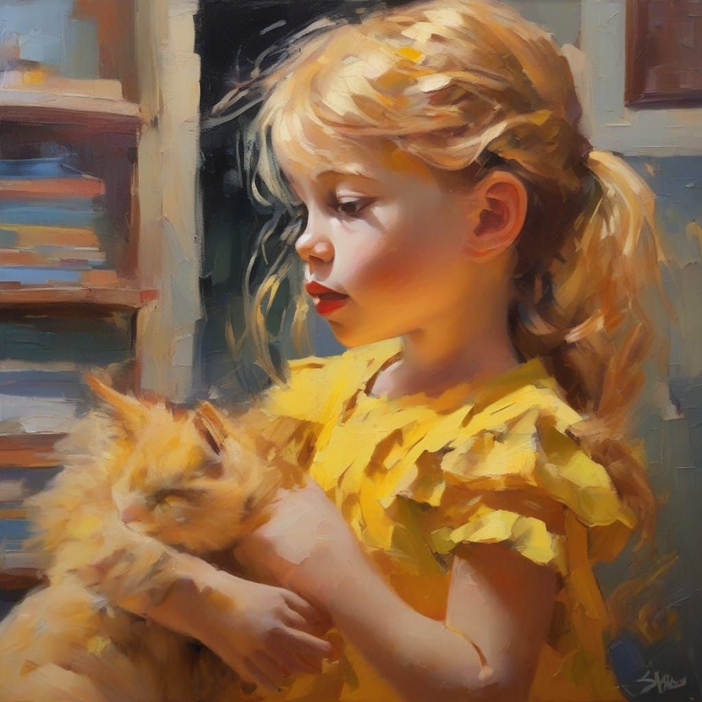 Joyful Girl Plays with Kitten in Warm Book Room